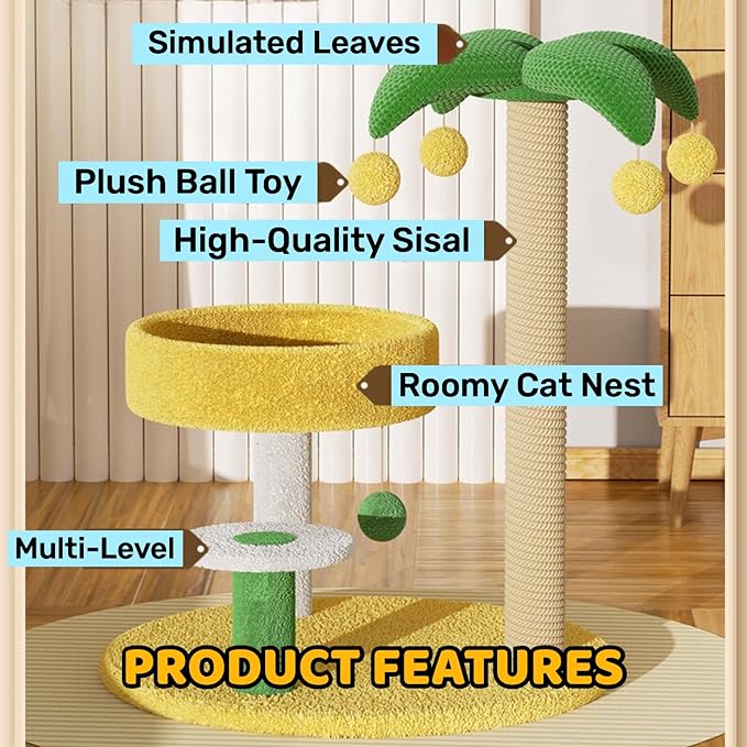 Coconut Palm Cat Tree 27" Cute Cat Tower for Indoor Cats Sisal Covered Scratching Post Dangling Ball Small-Medium Cats