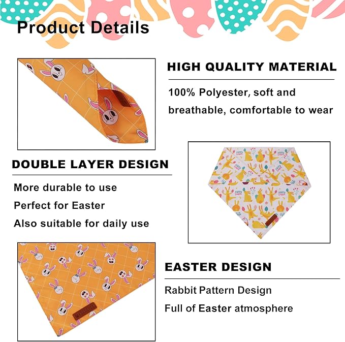 ADOGGYGO Easter Dog Bandanas, Bunny Egg Print Puppy Scarf, Premium Fabric, Adjustable Fit Happy Easter Bandanas for Medium Large Dogs (Large)
