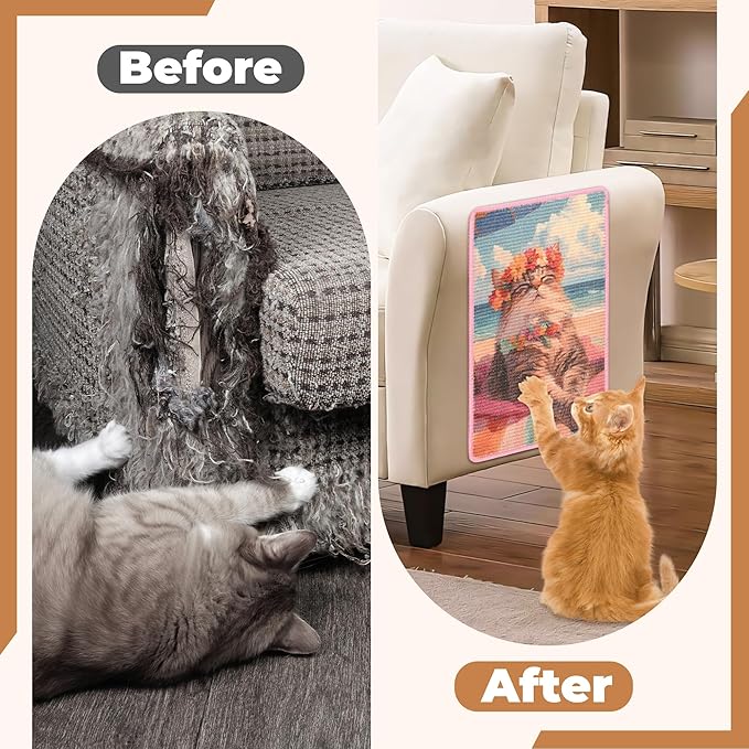 Sisal Cat Scratcher Mat, Cat Wall Scratcher for Indoor Cats, 23.6x15.7 Inch Cat Scratch Pad with Hook & Loop, Wall Mounted Cat Scratching Post to Protect Couch and Carpet（Beach Cat）