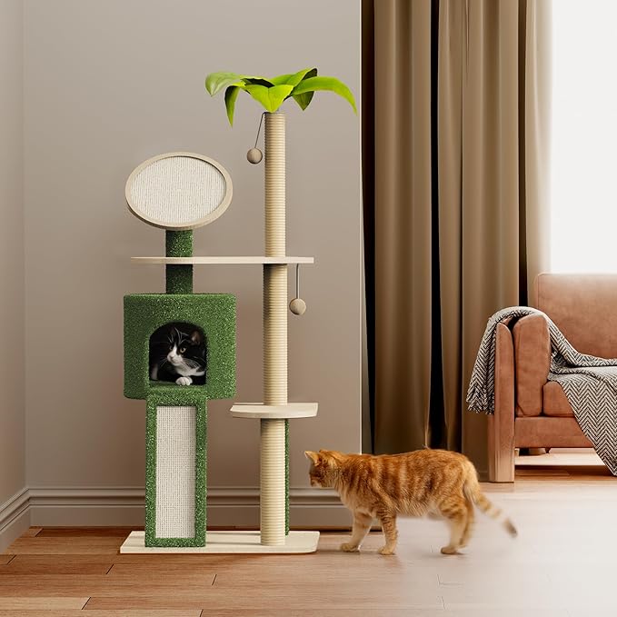 Erinnyees 57" Multi-Level Cat Tower with Hammock, Coconut Cat Tree with Green Leaves, Plush Cat House with Hang Ball Toy and Sisal Scratching Posts Furniture, Green