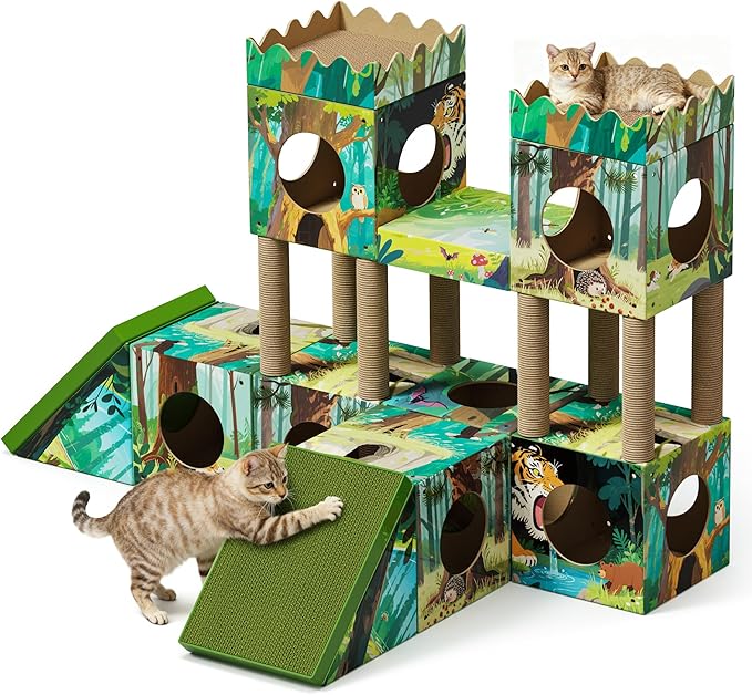 DIY Cardboard Cat House, Multi-Level Cat Tree Tower with Scratching Posts, Scratching Board, Tunnel & Playhouse for Kittens & Adult Cats, Recyclable 61.02″ × 36.61″ × 40.2″, Green Forest