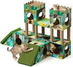 DIY Cardboard Cat House, Multi-Level Cat Tree Tower with Scratching Posts, Scratching Board, Tunnel & Playhouse for Kittens & Adult Cats, Recyclable 61.02″ × 36.61″ × 40.2″, Green Forest