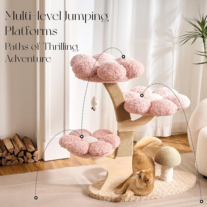 797Audio Flower Cat Tree, 37" Wood Branch Cat Tower, Pink Cloud Cat Tree with Scratching Post for Indoor Adult Cats, Luxury Cat Tree with Mushroom Cat Scratcher & Interactive Squeaky Toy
