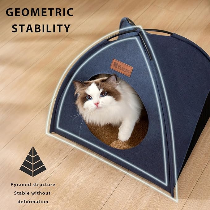 Pop-up Cat Tent Indoor Outdoor, Waterproof Cat House with Removable Cushion for All Seasons, Portable Pyramid Cat Cave Bed for Cats & Small Dogs, No Assembly Folding Pet Tent,18.9x18.9x15.4, Blue