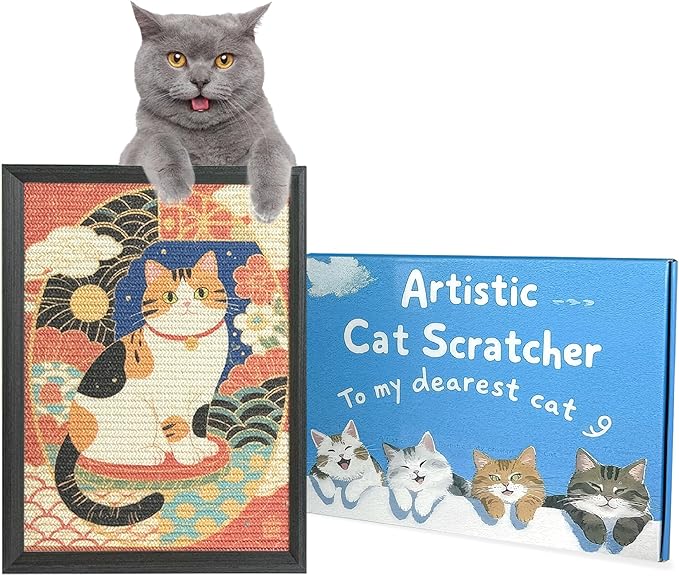 Art Cat Scratcher, Wall Mounted Sisal Cat Scratcher for Indoor Cats 17.01x13.1x1.18 Inches, Furniture Protector, Cat Scratch Rug, Decorative Cat Wall,Easy Install,No Drilling