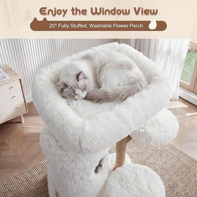Morden Cat Tree for Indoor Cats, Aesthetic Solid Wood Cat Tree w/Natural Solid Wood Scratching Post, Boho White Cat Condo with 2 Cloud Perches, Platform