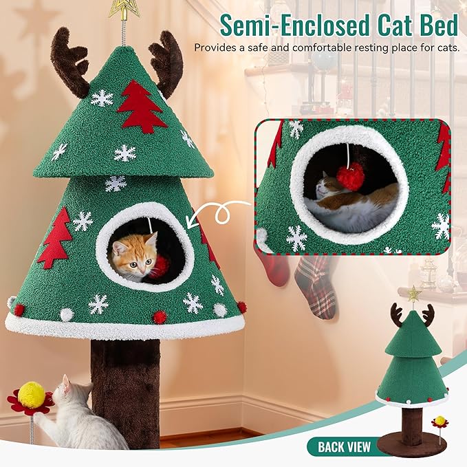 DWVO 47.2in Christmas Cat Tree for Indoor, Cat Tower Cute with Teaser Plaything, Holiday Kitty Climbing Furniture for Kittens to Play and Sleep