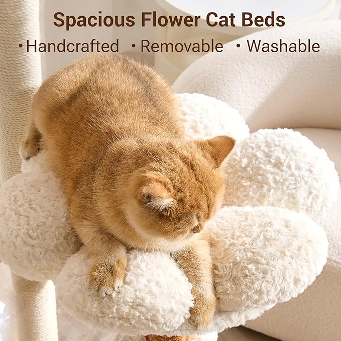 Modern Cat Tree Tower with Scratching Post for Indoor Cats Up tp 15lbs, 50.5" Tall Cat Tree with Flower/Fluffy Cat Beds, Acrylic Capsule, Multi-Level Platforms & Interactive Toy, White & Brown