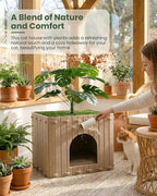 Cat Houses for Indoor Cats with Decorative Plants, Hidden Indoor Cat Bed Cave, Cozy Felt Design, Strong Scratch-Resistant Capacity, Hideaway Cat Condo, Ideal for Home Decor, Dark Camel