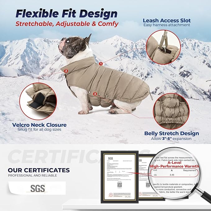 SPACE LION Dog Puffer Jacket, Down Winter Coat, Durable Outdoor Coat for Cold and Windy Conditions, Lightweight & Adjustable Fit Coats for Medium & Large Dogs,(Khaki, Size16/XL)