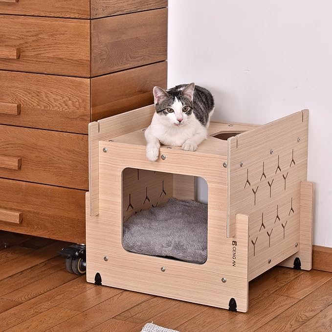 Wooden Cat Condo with Cushion,Cat Bed,Natural Wood Cat Tower with Scratching Post,Multi-Level Cat Tree House (CB-001)