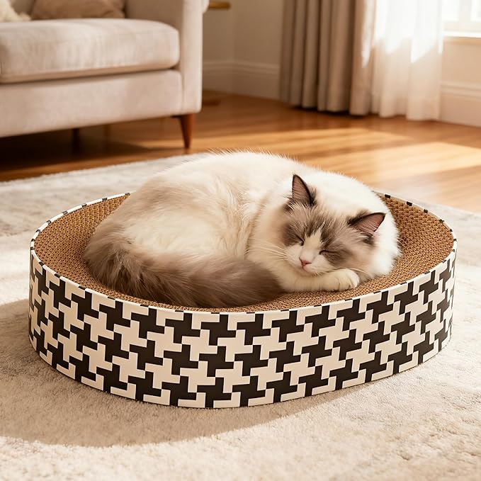 2-in-1 Oval Cat Scratcher Bed Cardboard Bed Lounge, Durable Cat Scratch Pad for Indoor Cats/Kittens, Corrugated Kitty Scratching Bowl with Furniture Protector, 16.33 * 13.19"