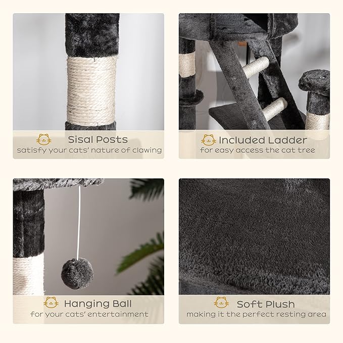 PawHut Floor to Ceiling Cat Tree, 240-260cm Adjustable Height Cat Tower with Scratching Posts, Cat Houses, Ramps, Hammocks, Toy Balls, Tunnel for Indoor Cats - Dark Grey