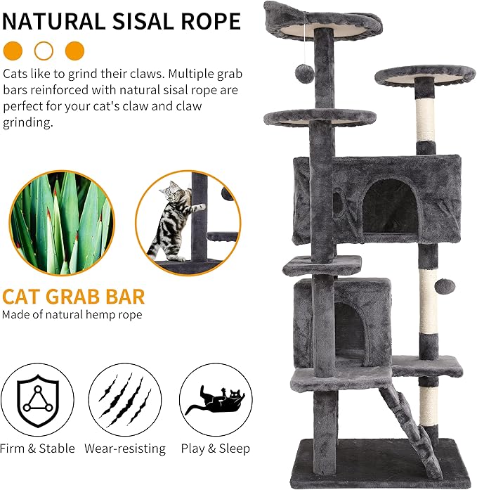 BLKMTY Cat Tree 54" Tall Cats Tower Large Cat Condo Climber Cats Climbing Stand with Top Perches Playhouse and Climbing Ladder Kitty Activity Tree w/Scratching Post Toys, Ashy