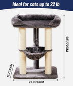 Happi N Pets 28" Cat Tree, Large Bed for Big Cats, Small Cat Tower with Soft Perch for Window Viewing, Stable Cat Tree Tower, Cat Scratching Post with Hammock, Removable Cover-Gray