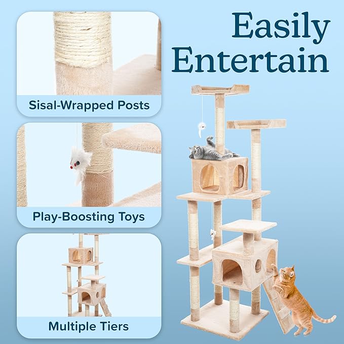 Cat Tree - 5.5-Foot Cat Tower for Indoor Cats with Perches, 2 Condos, 9 Cat Scratching Posts, 2 Hanging Toys, and 2-Step Ladder by PETMAKER (Beige)