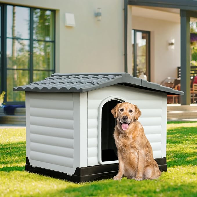 YITAHOME 2-Door Large Dog House with Elevated Base & Cushion, Plastic Pet House for Small and Medium Dogs, Easy Assembly, Waterproof for Indoor/Outdoor Use (36''L x 27.1''W x 26''H)