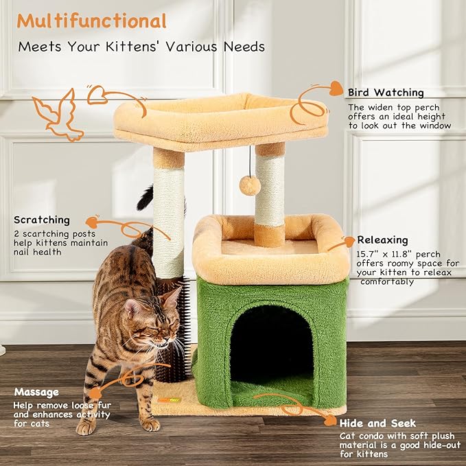 Small Cat Tree for Indoor Cats, Cat Scratching Post with Condo, Tower, Plush Cozy Perch, Massage Brush, Activity Hanging Pompoms for Kittens (Green)