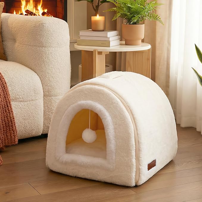 Cat Bed for Indoor Cats,2-in-1 Convertible Cat Bed & Cave,Foldable Washable Cat House,Soft and Thick Removable Inner pad, Anti-Slip Bottom,cat Tent for Kittens,Cats & Small Dogs,Cream