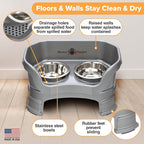 Neater Feeder Deluxe Mess-Proof Elevated Dog Bowls for Small Dogs (Up to 19 lbs), 2 Height Adjustable (6” & 7.5”) No-Spill Raised Dog Bowl Stand, Stainless Steel Food Bowl Set, Made in USA, Grey