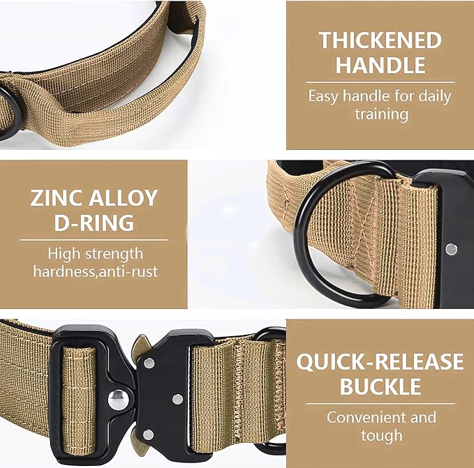 Heavy Duty Tactical Dog Collar, Adjustable Nylon with Metal Buckle, Multiple Colors (Tan, XL)