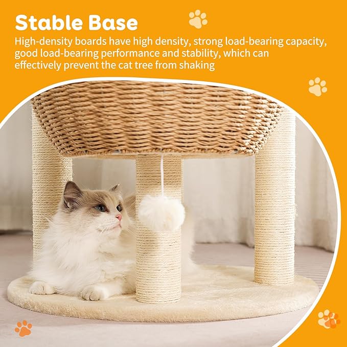 Modern Cat Tree Tower,Three Hand-Woven cat beds, Sisal-Covered Scratching Posts for Indoor Cats, Multi-Level Cat Condo with Space Capsule Nest, Tall Cat Tree for Multiple Large Cats