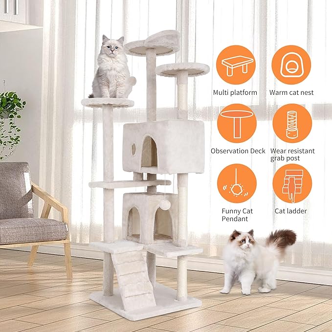 Heavy Duty Cat Tree with 70-Inch Tall Tower, 3 Perches & 2 Cozy Condos, Sisal Pole & Ladders for Large Cats, Beige