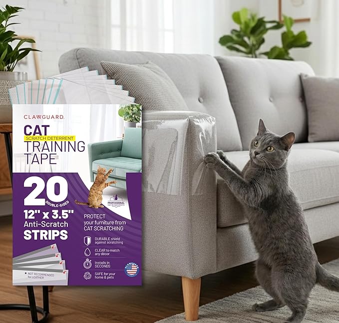 CLAWGUARD Cat Training Tape Strips – 20 Pre-Cut Double-Sided Anti Scratch Shields (12x3.5 in) – Cat Scratch Furniture Protector for Sofa & Surfaces