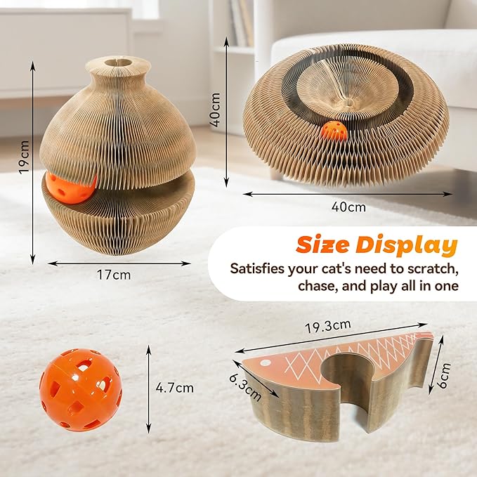 Magic Organ Cat Scratcher, Kitty Kurlz Cat Toys Cardboard Cat Scratching Board, Interactive Cat Toys for Indoor Cats, Mental Physical Exercise Cat Toys with Bell Ball