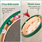 20-Inch Round Cat Scratcher Bed with Ball Track – 3-in-1 Interactive Cardboard Scratching Pad with Feather Toy & Non-Slip Base – Great for Indoor Cats, Active Kittens & Large Breeds (Green)