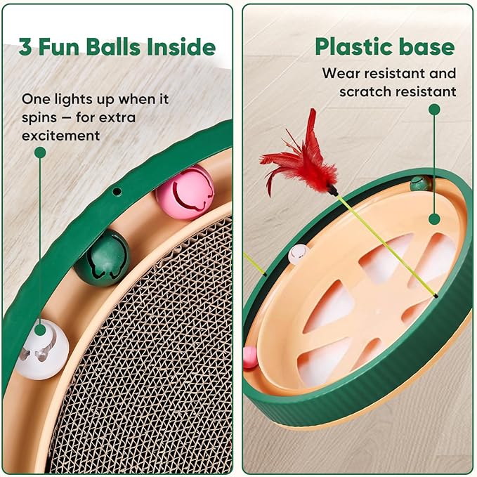20-Inch Round Cat Scratcher Bed with Ball Track – 3-in-1 Interactive Cardboard Scratching Pad with Feather Toy & Non-Slip Base – Great for Indoor Cats, Active Kittens & Large Breeds (Green)