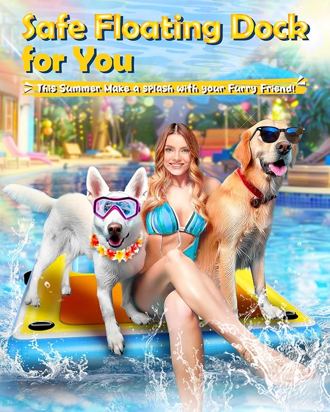 Inflatable Dog Pool Water Ramp – 60"x40" Extra Large Boat Ramp for Dogs Up to 240 lbs, Non-Slip Puncture-Resistant Floating Dock Platform, Water Ladder for Lakes, Pools, Boats & Oceans