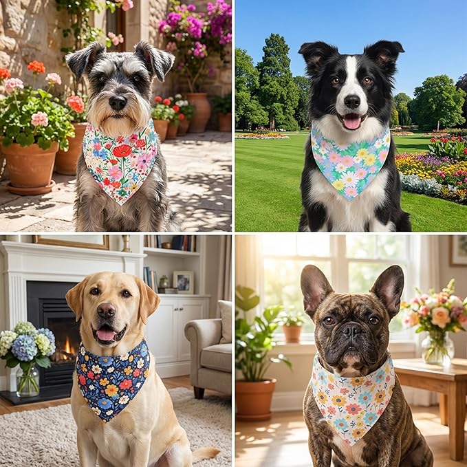 ADOGGYGO 4 Pack Floral Dog Bandanas, Colorful Flower Pet Scarf Bib, Spring Summer Floral Bandanas Costume Accessories for Small Dogs (Small)