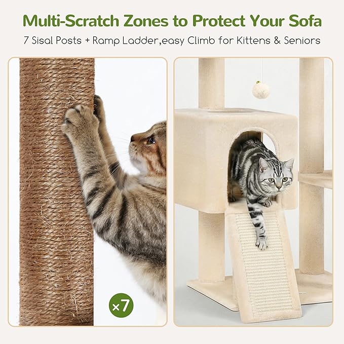 Globlazer 82" Extra Large Cat Tree for Big Cats, Heavy Duty Cat Tree for Multi-Cat Household, Maine Coon Cat Tree with 3 Condos, 2 Hammocks, 3 Perches & Scratching Board, S82D, Beige