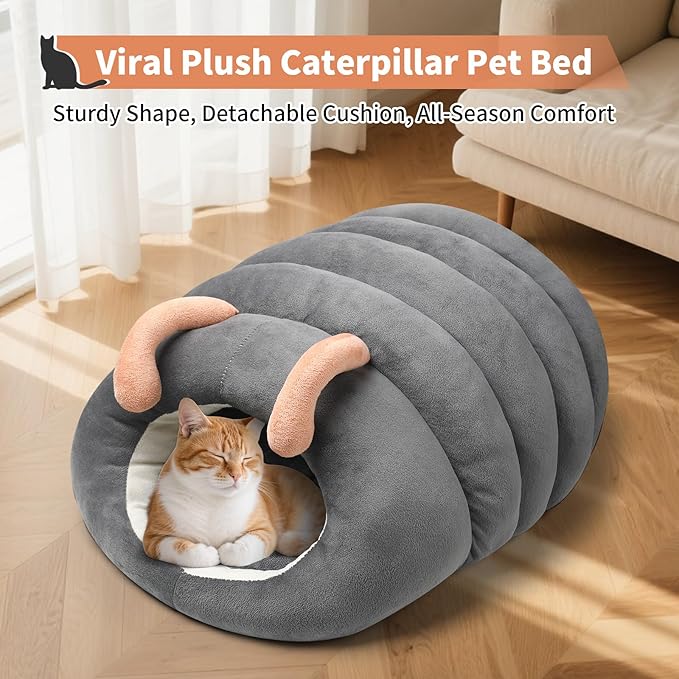 Indoor Cat Bed - Cat Cave Bed, Warm and Soft Plush, Cat Hideout, Cartoon Caterpillar Design, Thickened and Insulating, Foldable for Easy Storage, Suitable for Cats