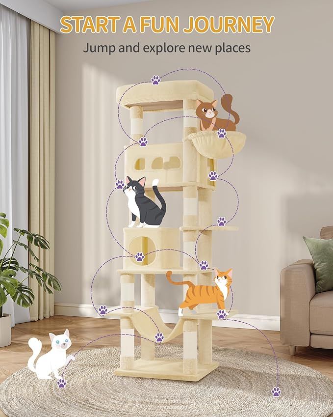 Cat Tree for Indoor Cats, 69.9 Inch Large Tall Cat Tower, Multi-Level Cats House with Condo, 8 Scratching Posts, Hammock, 4 Pom Poms, Beige MS17018YL