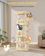 Cat Tree for Indoor Cats, 69.9 Inch Large Tall Cat Tower, Multi-Level Cats House with Condo, 8 Scratching Posts, Hammock, 4 Pom Poms, Beige MS17018YL