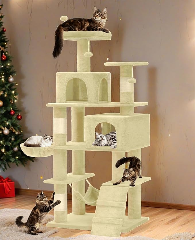 YITAHOME 75in Cat Tree Tower for Indoor Cats, Multi-Level Cat Furniture with Scratching Posts, Cat Caves, Padded Perch, Cozy Hammock, Ladder, and Plush Balls for Kittens, Pet Play House Beige