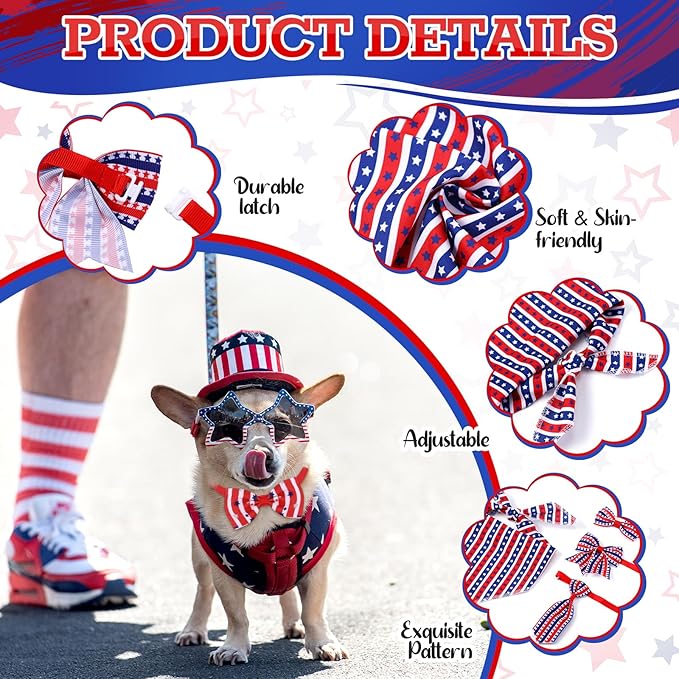 Reginary 120 Pcs 4th of July Dog Bandanas Bulk Dog Bows Set Bow Ties Cat Scarf Colorful Washable Triangle Pet Kerchief Cute Bib for Summer Small Medium Large Pets Grooming Accessories Costume