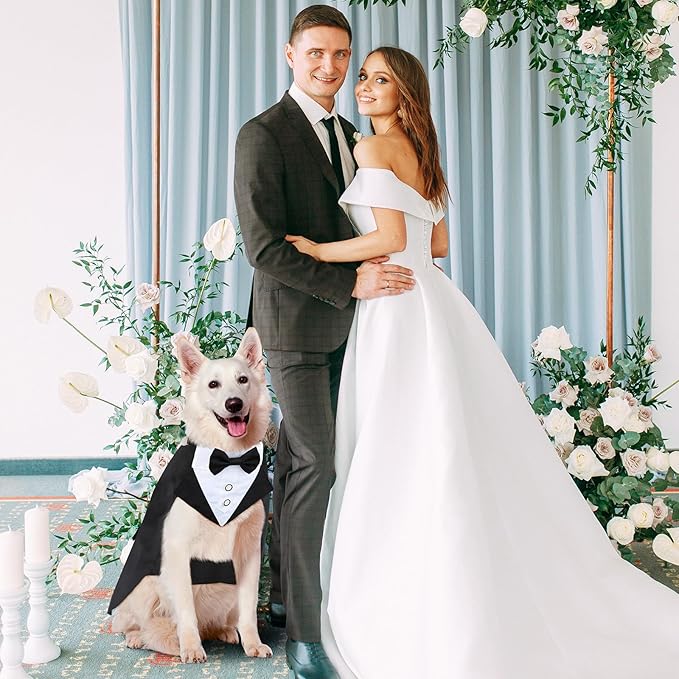 Dog Tuxedo, Formal Dog Wedding Attire Pet Costume Pet Suit and Bandana Set, Waterproof Bithday Party Bow Tie Collar Outfit Puppy Tux (Small)