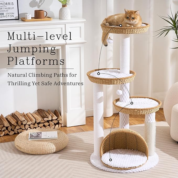 Wood Modern Cat Tree for Indoor Cat, 46" Tall Cat Tower with Scratching Posts, Cat Condo, Aesthetic Multi-Level Cat Climbing Tree with Hand-Woven Bed for Adult Cats-Nature