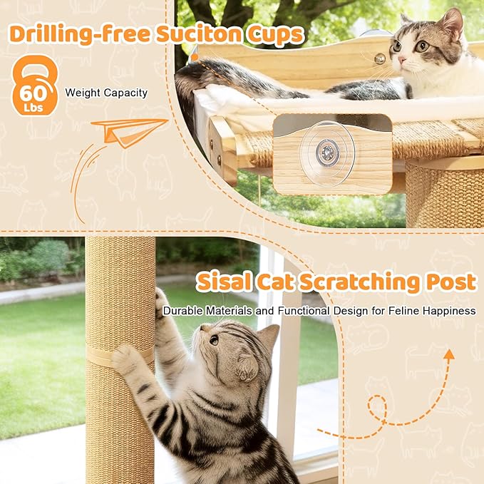 54.3" Cat Window Perch with 3 Adjustable Roman Column Sisal Posts, White Fluffy Cusion, Drill-Free Suction Cups, Multi-Level Climbing Perch, 60 lbs Capacity