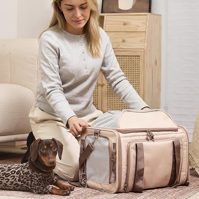 FUKUMARU Expandable Cat Carrier, 18x11x11 Soft Cat Travel Carrier, Ventilate Airline Approved Dog Carrier, Durable Small Dog Carrier with Anti-Scratch Mesh, Escape-Proof Pet Carrier for Cat, Pink