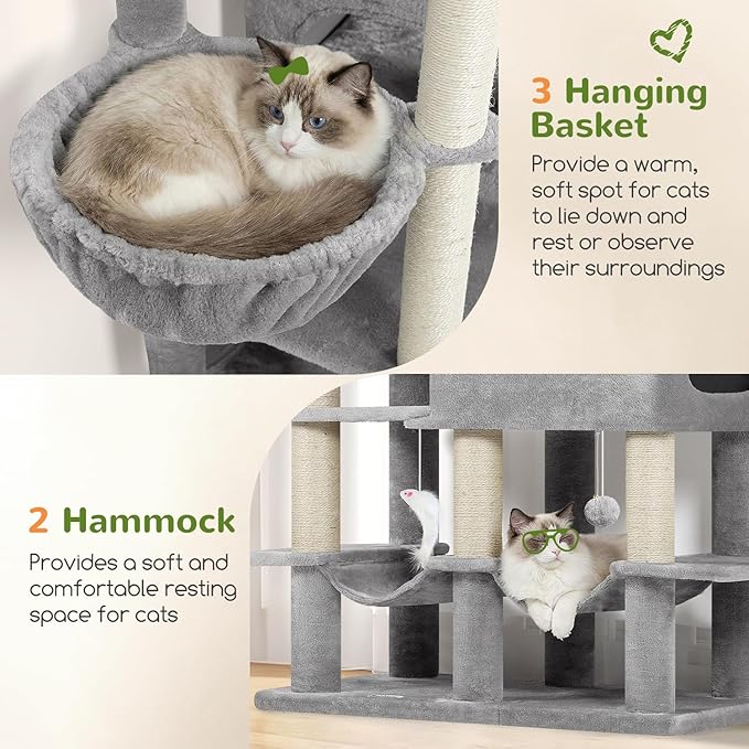 Globlazer 81in Multi-Level Larger Cat Tree Tower Condo Indoor Furniture Activity Center with Oversized Plush Cat Bed/Baskets/Full-Sisal Scratching Posts and Hammock/S81/Light Gray