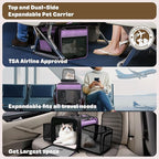 Top and 2 Sides Expandable Pet Carrier 17x11x9.5, TSA Airline Approved Small Dog Carriers for Small Dogs, Soft-Sided Cat Carrier with Self-Locking Zippers for Kitten,Rabbit, Puppy, Guinea Pig Purple