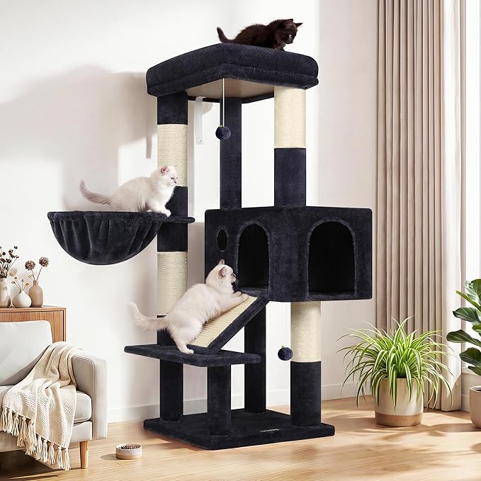 Globlazer Extra Thick Scratching Posts Tower Sturdy 50-inch Corner Cat Tree Tower for Indoor Cats, Cat Tower for Adult Cats with Scratching Board, Kitty Condo, Basket, S50, Dark Gray