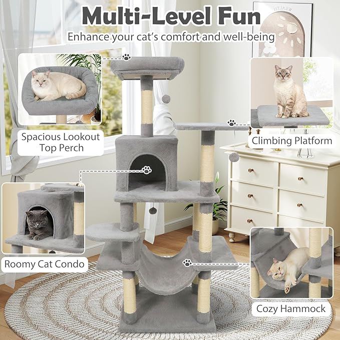 Tangkula 58 Inch Cat Tree Tower, Multi-Level Cat Tower with Sisal Scratching Posts, Padded Top Perch, Condo & Hammock, 3 Hanging Balls, Jumping Platforms for Indoor Cats (Light Gray)