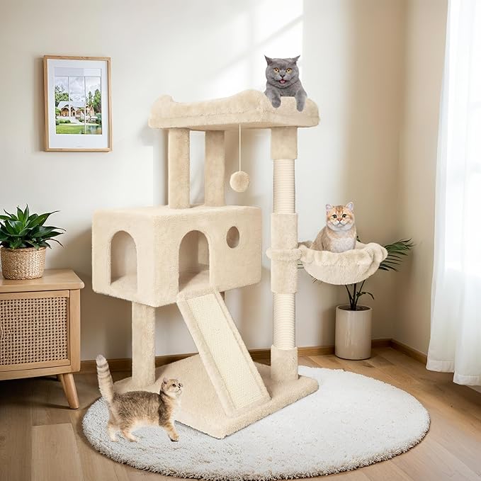 HOOMIC 36" Cat Tree for Indoor Cats, Multi-Level Cat Condo with Sisal Scratching Posts and Board, Cozy Hammock, Padded Plush Perch for Kittens, Beige