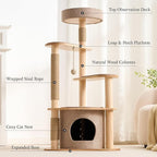 797Audio Modern Wood Cat Tree Tower, 46" Aesthetic Cat Tree with Natural Pine Wood Scratching Posts and Condo for Adult Cats, Solid Rubber Wooden & Linen Cat Tree,Multi-Level Tree for Indoor Cat
