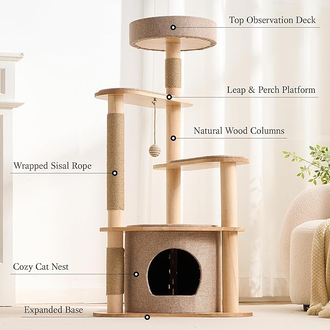797Audio Modern Wood Cat Tree Tower, 46" Aesthetic Cat Tree with Natural Pine Wood Scratching Posts and Condo for Adult Cats, Solid Rubber Wooden & Linen Cat Tree,Multi-Level Tree for Indoor Cat